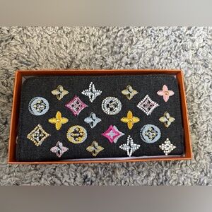 Luxury Embellished Black Zip Wallet with Multicolor Monogram Motifs